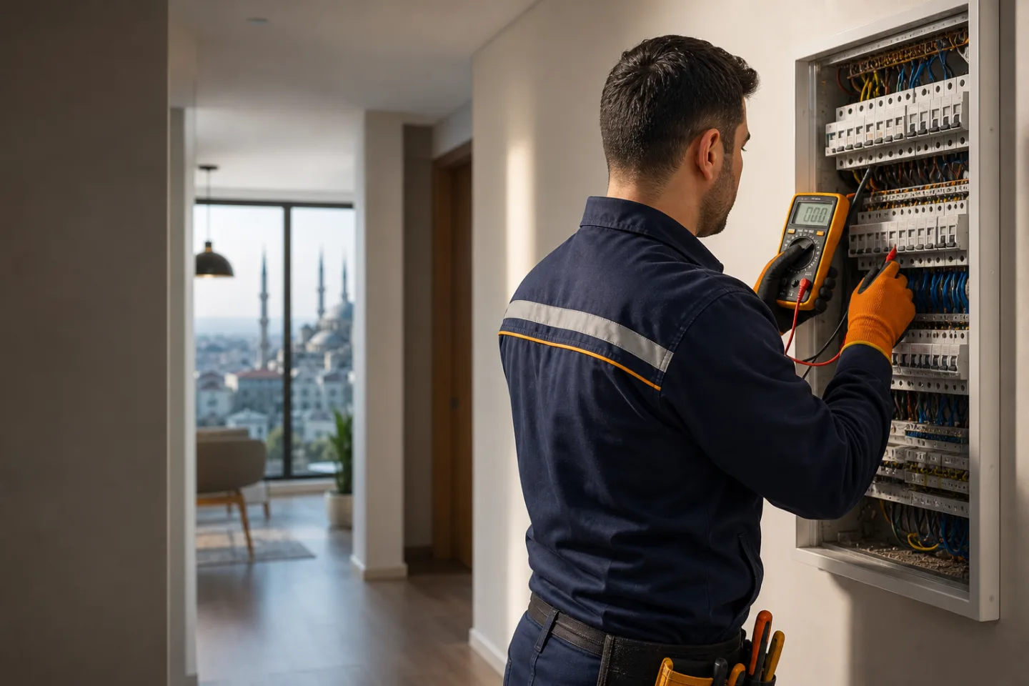 Elektrik arızasını ölçüm cihazıyla adım adım kontrol eden elektrik ustası