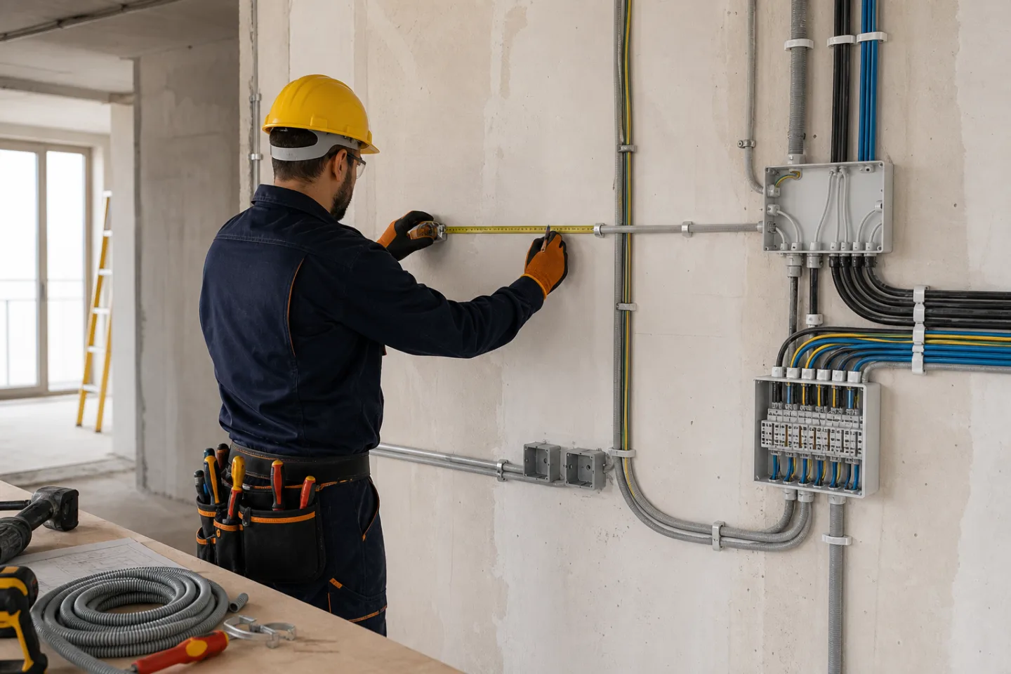 Elektrik tesisatı hatlarını düzenli biçimde kuran profesyonel elektrik ustası