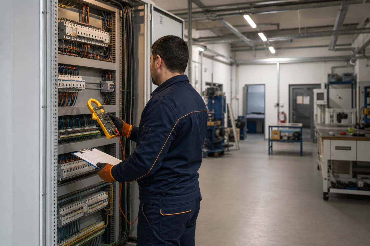 İş yeri elektrik dağıtım panosunu ölçüm cihazıyla kontrol eden elektrik ustası